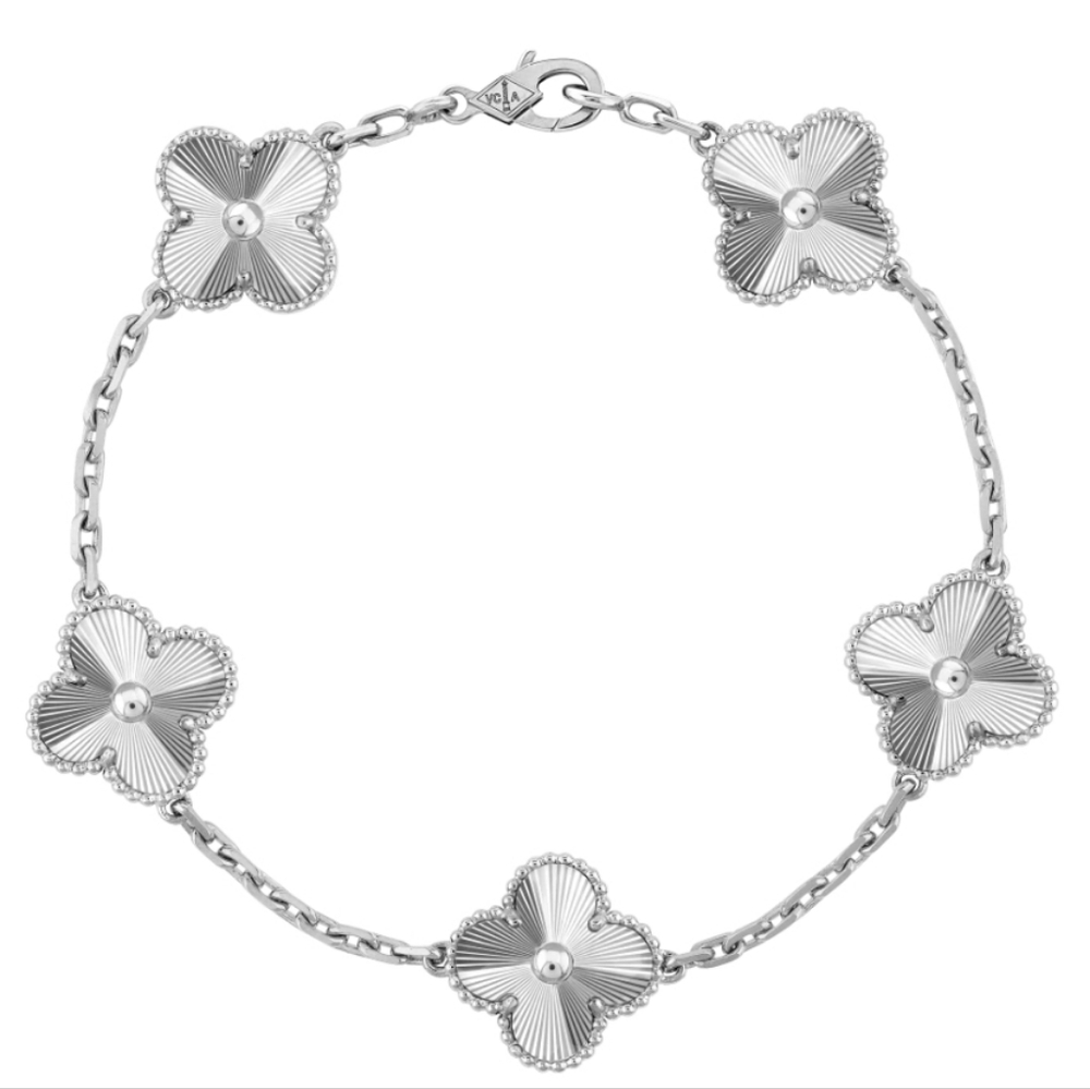 VAN CLEEF & ARPELS 18K White Gold Guilloche Vintage Alhambra Bracelet 5motif